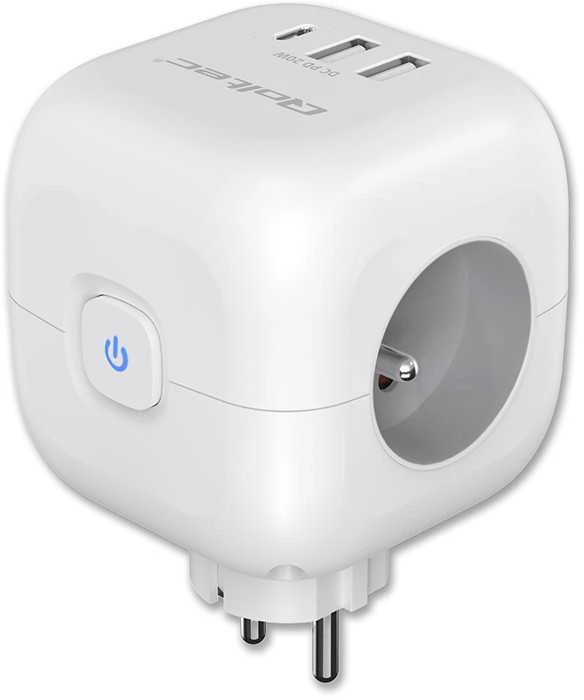 Daugiafunkcinė Qoltec galios kubikė su apšviečiamu jungikliu 3x AC 2x USB 1x USB-C PD 20W Balta