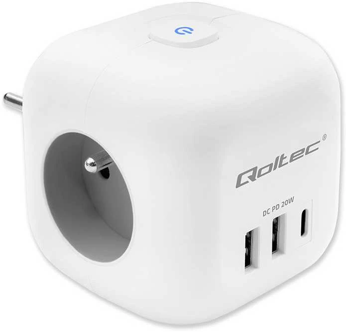 Daugiafunkcinė Qoltec galios kubikė su apšviečiamu jungikliu 3x AC 2x USB 1x USB-C PD 20W Balta