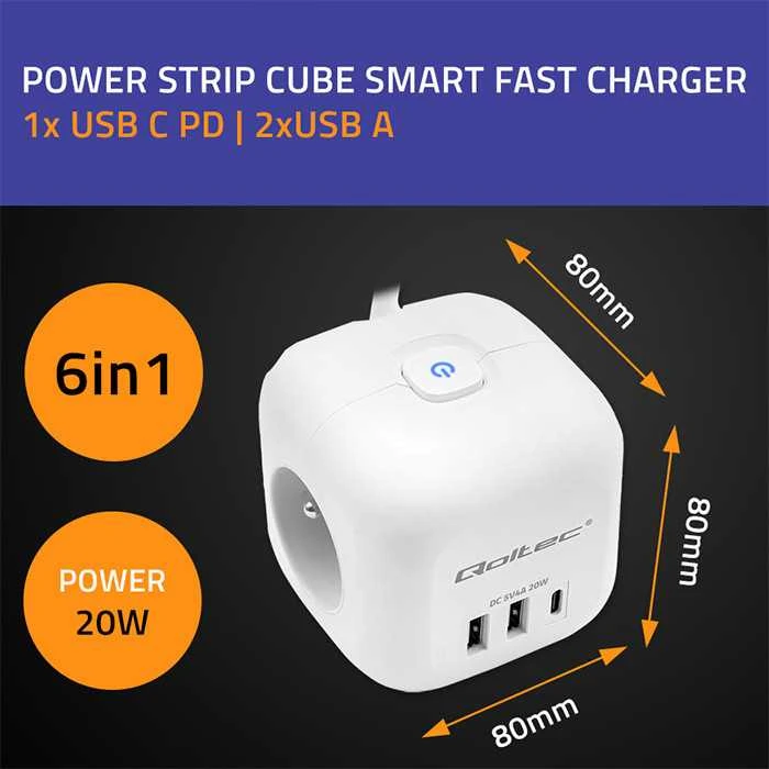 Maitinimo 6v1 prailginimo kubas su apšviestu jungikliu Qoltec 3x AC 2x USB 1x USB-C PD 20W baltas kabelis 2 m