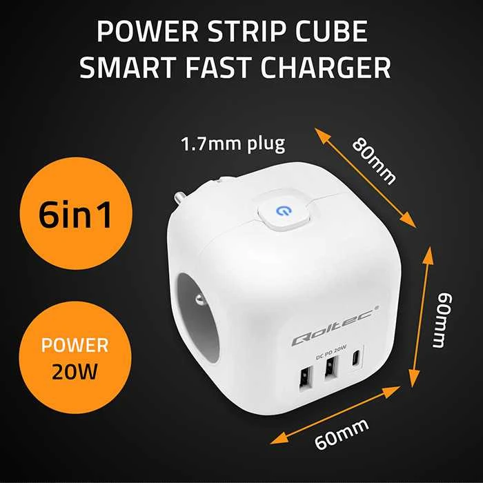 Daugiafunkcinė Qoltec galios kubikė su apšviečiamu jungikliu 3x AC 2x USB 1x USB-C PD 20W Balta