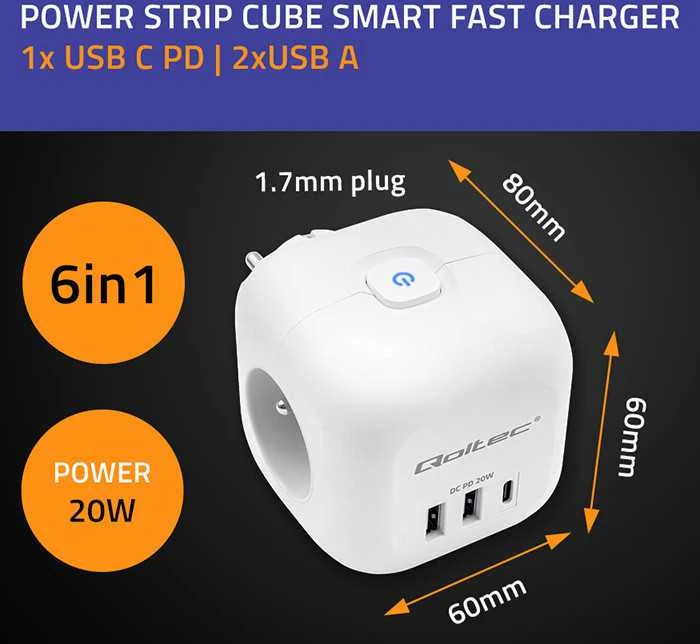 Daugiafunkcinė Qoltec galios kubikė su apšviečiamu jungikliu 3x AC 2x USB 1x USB-C PD 20W Balta