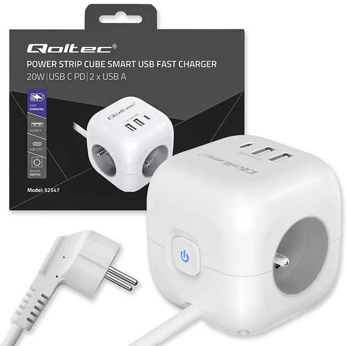 Maitinimo 6v1 prailginimo kubas su apšviestu jungikliu Qoltec 3x AC 2x USB 1x USB-C PD 20W baltas kabelis 2 m