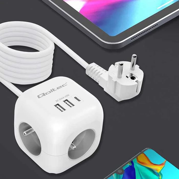 Maitinimo 6v1 prailginimo kubas su apšviestu jungikliu Qoltec 3x AC 2x USB 1x USB-C PD 20W baltas kabelis 2 m