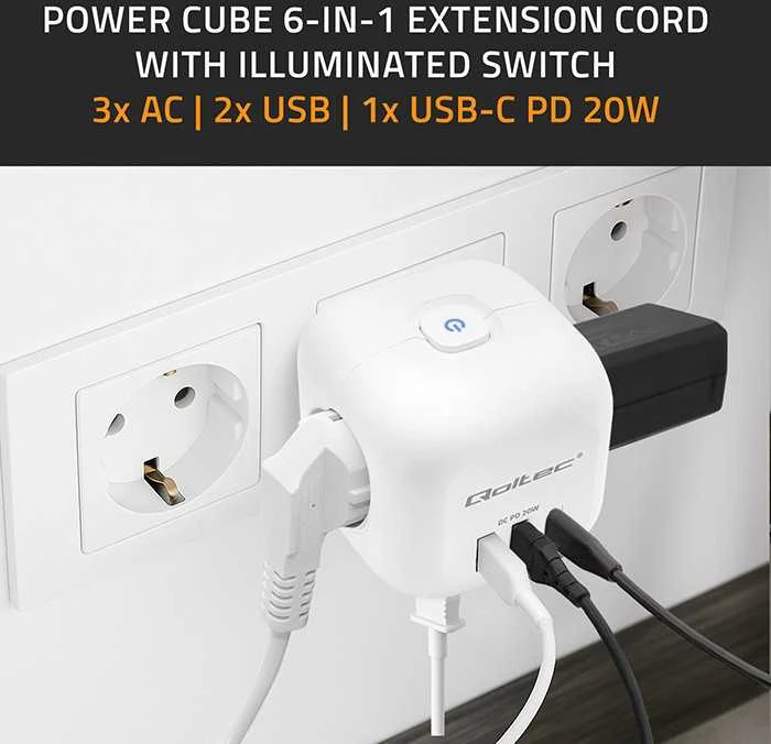 Daugiafunkcinė Qoltec galios kubikė su apšviečiamu jungikliu 3x AC 2x USB 1x USB-C PD 20W Balta