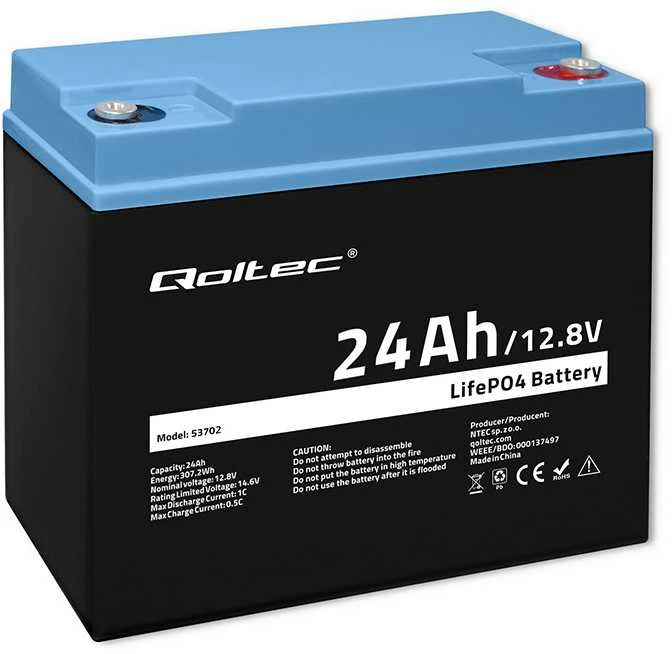 QOLTEC 53702 LiFePO4 ličio geležies fosfato baterija / 12,8V / 24Ah / 307,2Wh / BMS