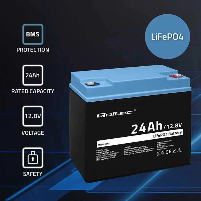 QOLTEC 53702 LiFePO4 ličio geležies fosfato baterija / 12,8V / 24Ah / 307,2Wh / BMS