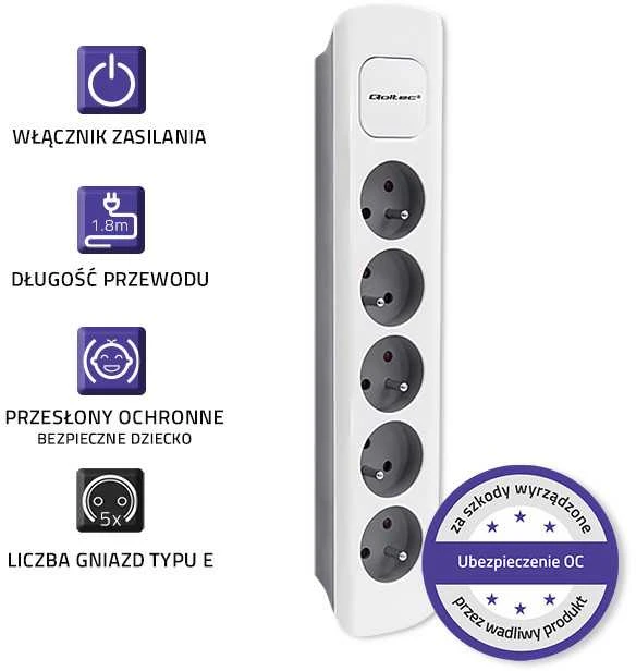 QOLTEC 50296 Power strip 5 sockets 1.8m Baltas pilkas