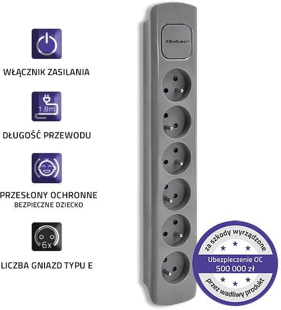 QOLTEC 50277 Maitinimo juostelė 6 lizdai 1,8m Pilkas