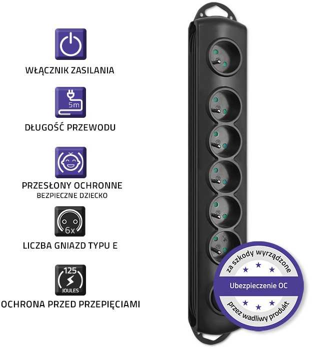 QOLTEC Apsauga nuo viršįtampių 6 lizdai 5m