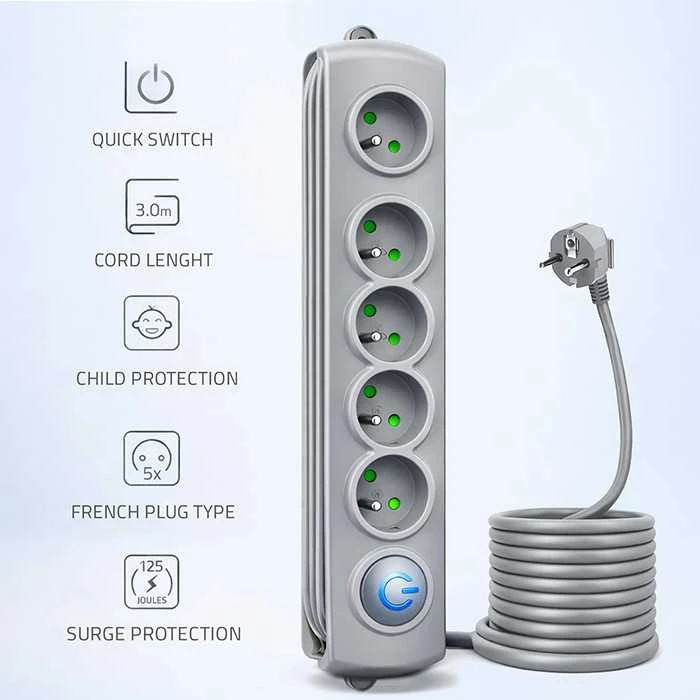 QOLTEC Apsauga nuo viršįtampių Quick Switch 5 lizdai 3m pilka