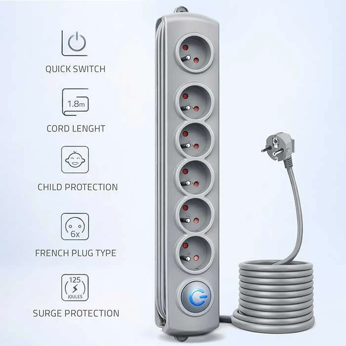 QOLTEC 50165 Apsaugos nuo viršįtampių Quick Switch 6 lizdai pilka 1.8m