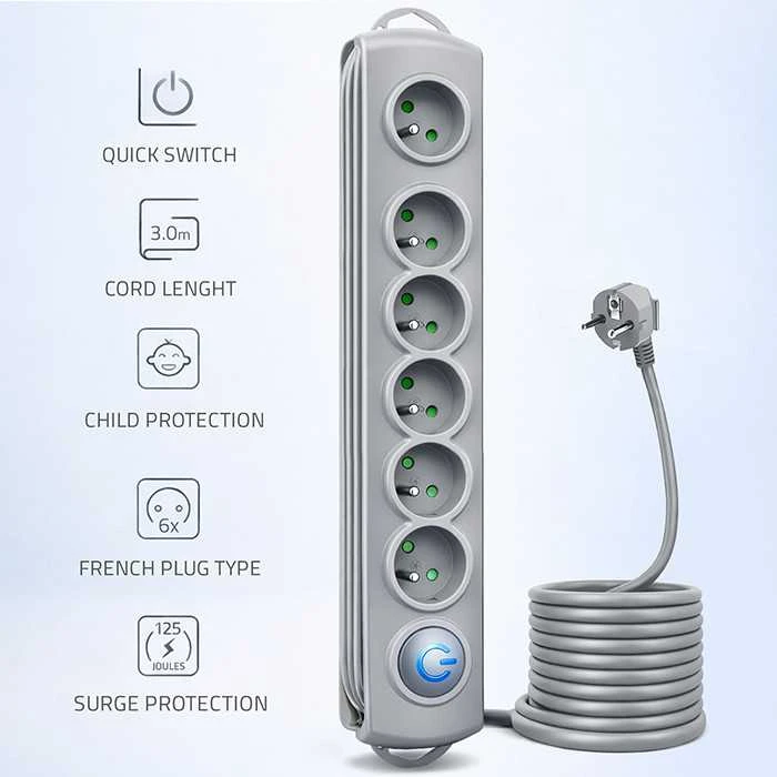 QOLTEC 50166 Qoltec Apsaugos nuo viršįtampių Quick Switch 6 lizdai pilka 3m
