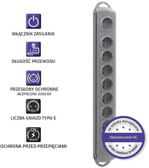 QOLTEC 50168 Apsaugos nuo viršįtampių Quick Switch 8 lizdai pilka 3m