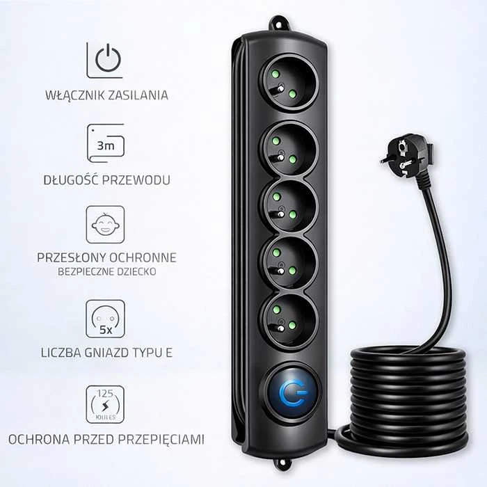 QOLTEC Apsauga nuo viršįtampių Quick Switch 5 lizdai 3m juodas