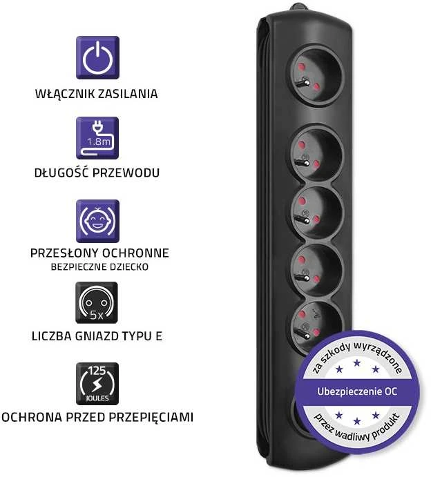 QOLTEC Apsauga nuo viršįtampių Quick Switch 5 lizdai 1,8m juodas