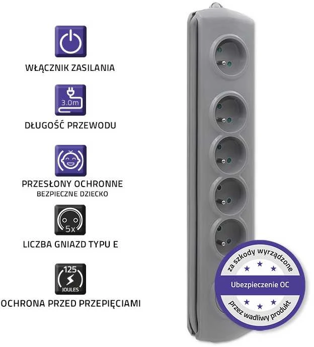 QOLTEC Apsauga nuo viršįtampių Quick Switch 5 lizdai 3m pilka