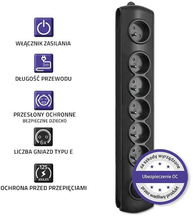 QOLTEC 50112 Surge Protector 6 maitinimo lizdas 3,0m