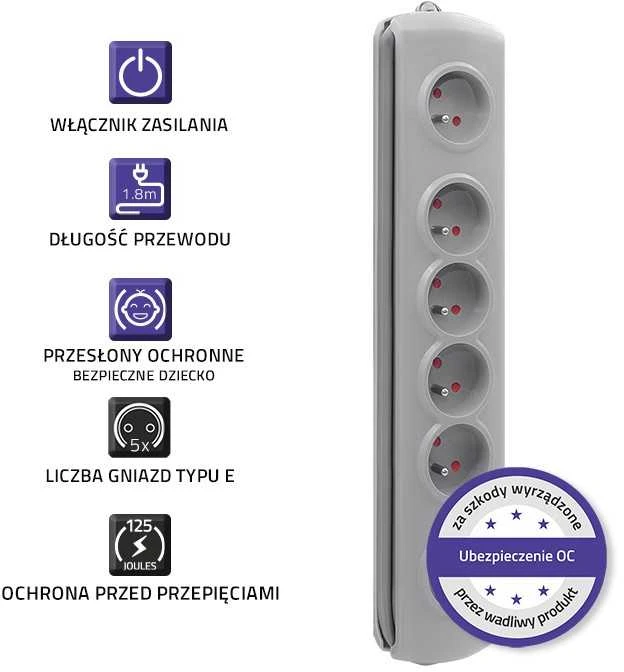 QOLTEC Apsauga nuo viršįtampių Quick Switch 5 lizdai 1.8m pilka