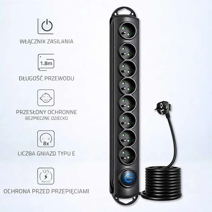 QOLTEC 50113 Viršįtampių apsauga 8 maitinimo lizdas 1,8m