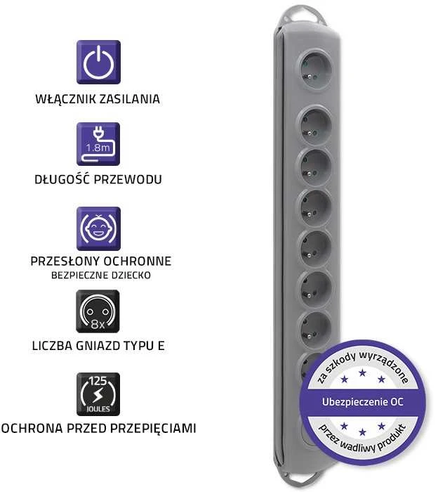 QOLTEC 50167 Apsaugos nuo viršįtampių Quick Switch 8 lizdai pilka 1,8m