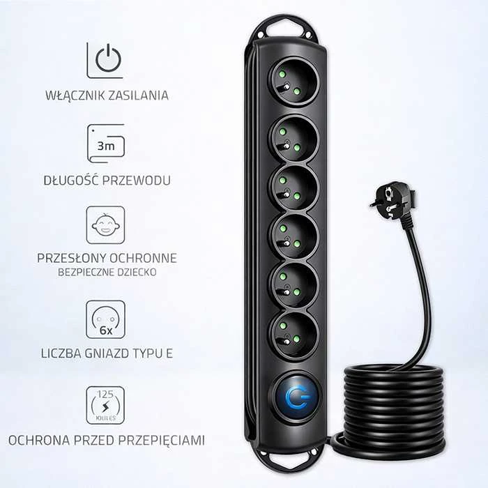 QOLTEC 50112 Surge Protector 6 maitinimo lizdas 3,0m