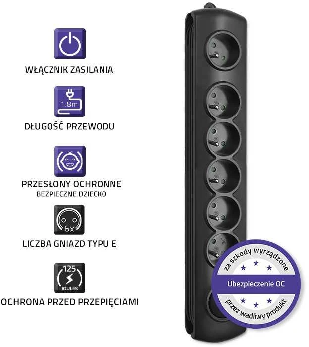 QOLTEC 50111 Surge Protector 6 maitinimo lizdas 1,8m