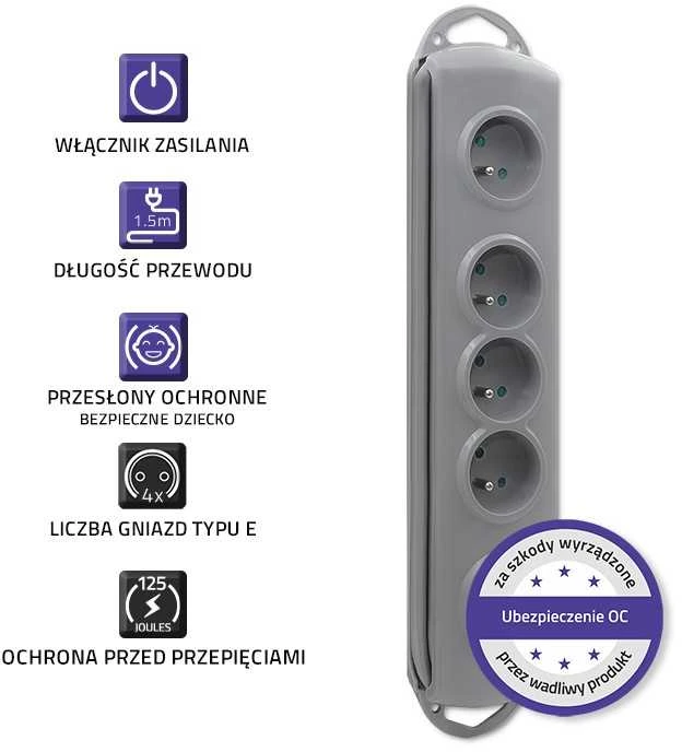 QOLTEC 50163 Apsaugos nuo viršįtampių Quick Switch 4 lizdai pilka 1,5m