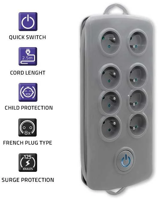 QOLTEC 50162 Apsaugos nuo viršįtampių Quick Switch 8 lizdai pilka 2,5m