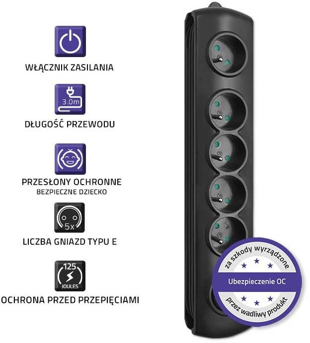 QOLTEC Apsauga nuo viršįtampių Quick Switch 5 lizdai 3m juodas