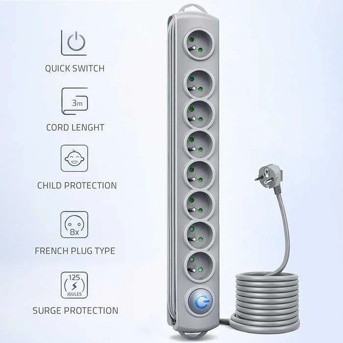 QOLTEC 50168 Apsaugos nuo viršįtampių Quick Switch 8 lizdai pilka 3m