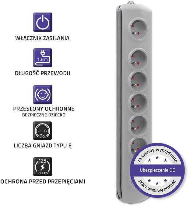 QOLTEC 50165 Apsaugos nuo viršįtampių Quick Switch 6 lizdai pilka 1.8m