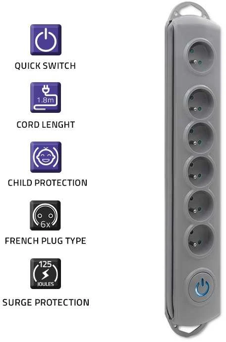 QOLTEC 50166 Qoltec Apsaugos nuo viršįtampių Quick Switch 6 lizdai pilka 3m