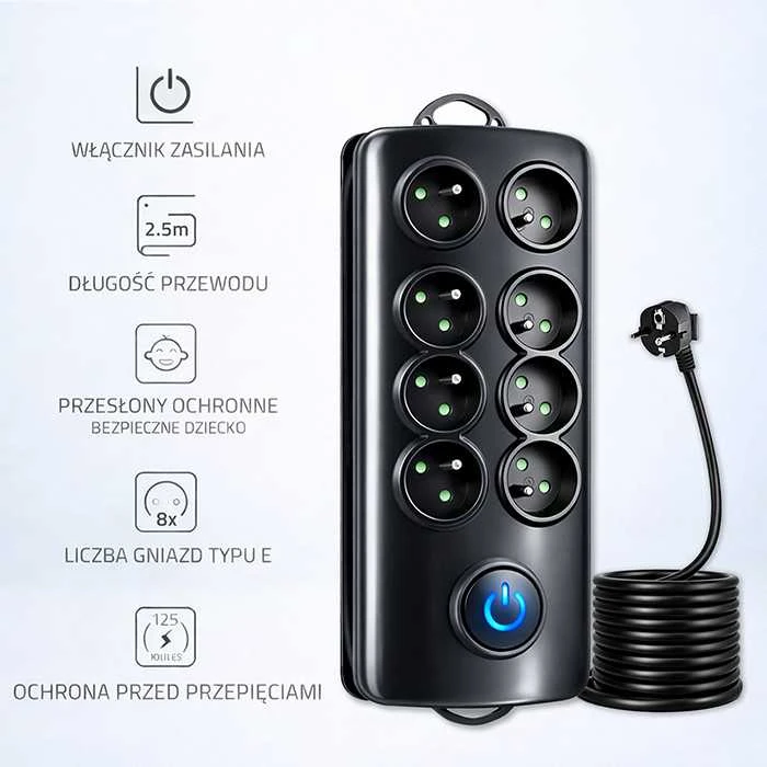 QOLTEC 50161 Apsaugos nuo viršįtampių Quick Switch 8 lizdai juodas 2,5m