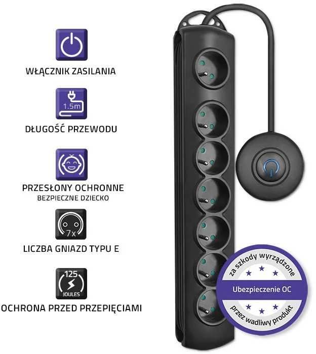 QOLTEC Apsauga nuo viršįtampių su Foot Quick Switch 7 lizdais 1,5 m