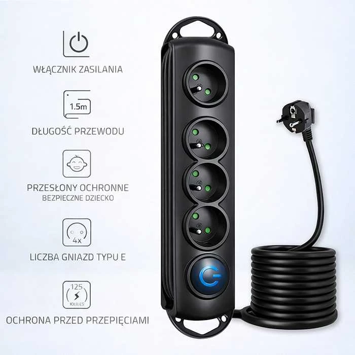 QOLTEC 50104 Viršįtampių apsauga 4 maitinimo lizdas 1,5m
