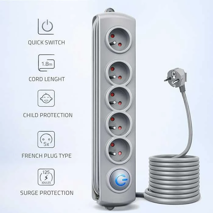 QOLTEC Apsauga nuo viršįtampių Quick Switch 5 lizdai 1.8m pilka