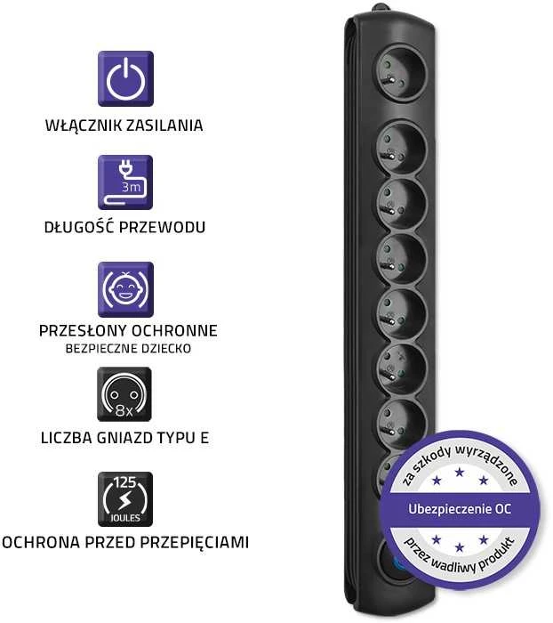 QOLTEC 50114 Viršįtampių apsauga 8 maitinimo lizdas 3,0m