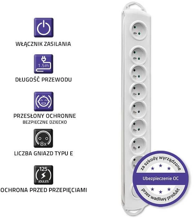 QOLTEC 50293 Apsauga nuo viršįtampių 8 lizdai 1,5m