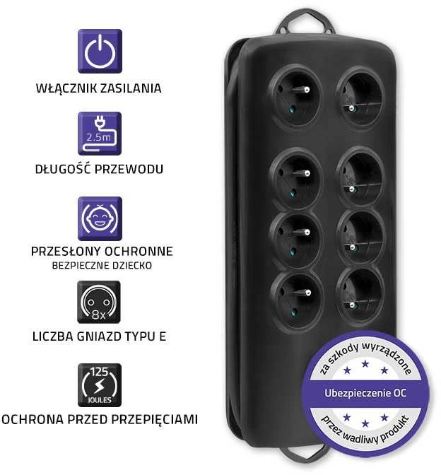 QOLTEC 50161 Apsaugos nuo viršįtampių Quick Switch 8 lizdai juodas 2,5m