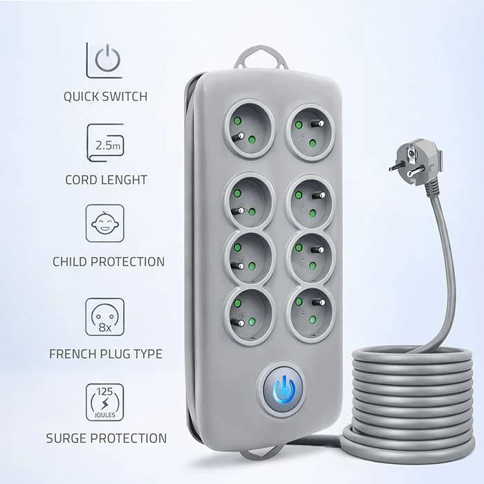 QOLTEC 50162 Apsaugos nuo viršįtampių Quick Switch 8 lizdai pilka 2,5m