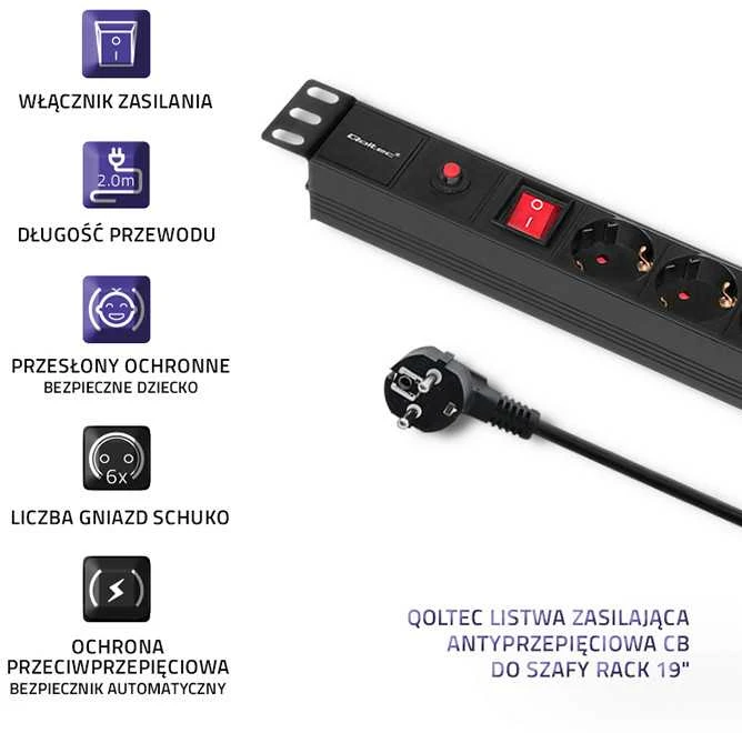 QOLTEC 53993 Apsauga nuo viršįtampių CB Qoltec skirta RACK 19 16A 1U PDU 6xSCHUKO 2m
