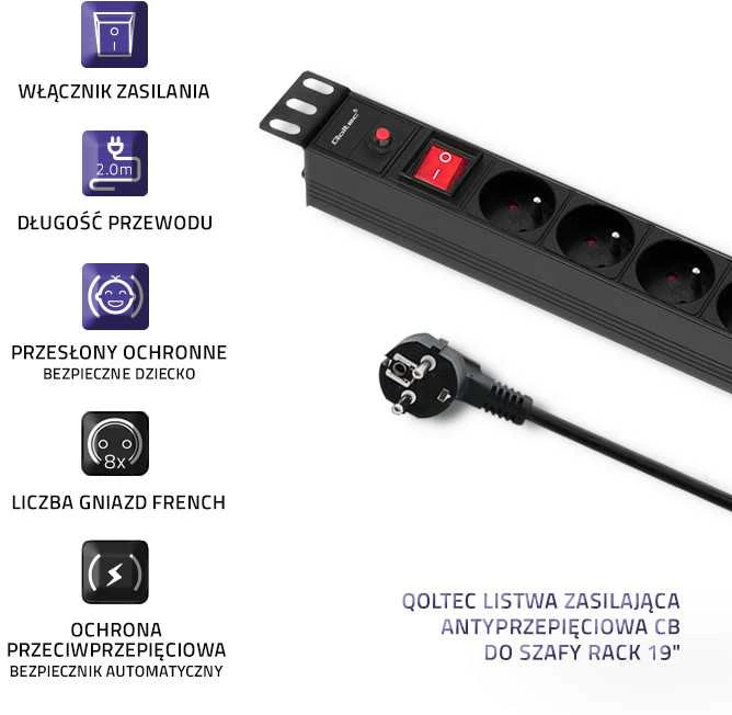 QOLTEC 53996 Apsauga nuo viršįtampių RACK 19 16A 1U PDU 8xSCHUKO 2m