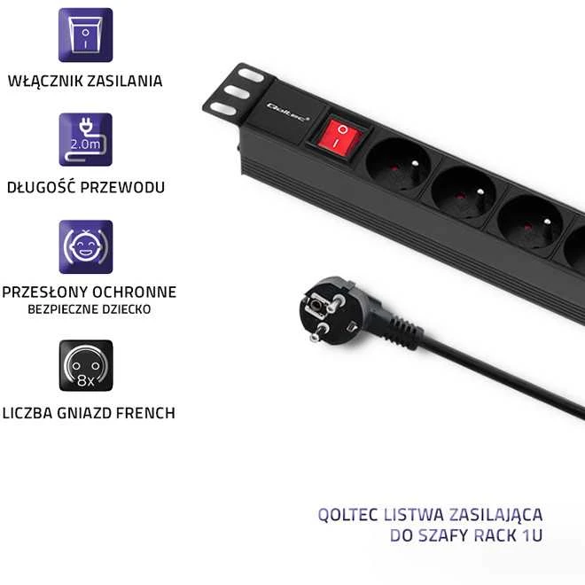 QOLTEC 54471 Maitinimo juostelė RACK spintelėms 1U 16A PDU 8xFRENCH 2m