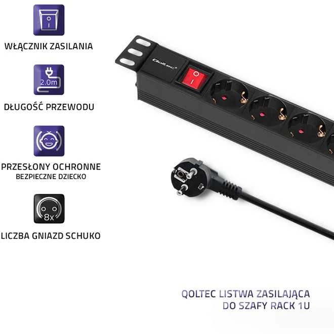 QOLTEC 54469 Maitinimo juostelė RACK 1U 16A 8xSCHUKO 2m
