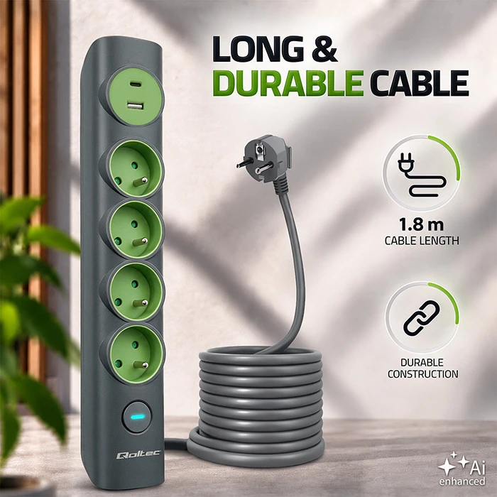 Qoltec Listwa zasilająca su podświetlanym włącznikiem | Przedłużacz 6w1 | 4 gniazda su uziemieniem | 1xUSB-C 15W | 1xUSB 12W | 1.8m