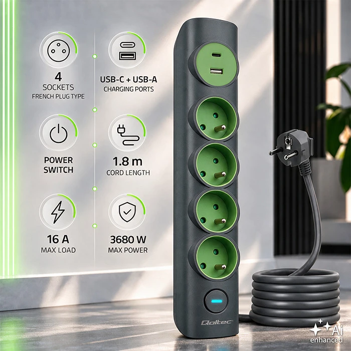 Qoltec Listwa zasilająca su podświetlanym włącznikiem | Przedłużacz 6w1 | 4 gniazda su uziemieniem | 1xUSB-C 15W | 1xUSB 12W | 1.8m