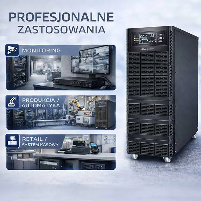 QOLTEC 52284 Nepertraukiamo maitinimo šaltinis UPS / 10kVA / 10000W / Galios koeficientas 1.0 / LCD / EPO / USB / Prisijungęs