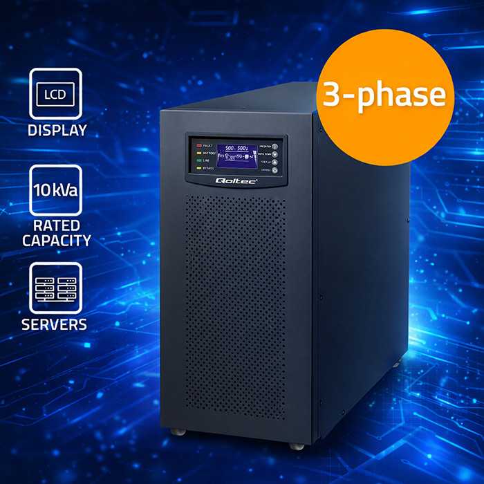 Qoltec Atsarginis maitinimo šaltinis UPS 3 fazių | 10kVA | LCD | EPO | USB | SNMP | On-line | Aukšto dažnio