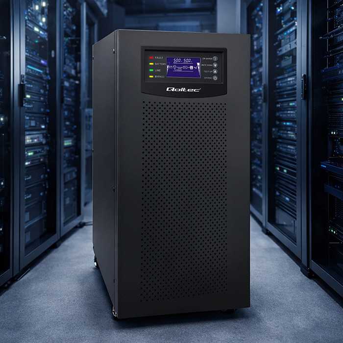 Qoltec Atsarginis maitinimo šaltinis UPS 3 fazių | 10kVA | LCD | EPO | USB | SNMP | On-line | Aukšto dažnio