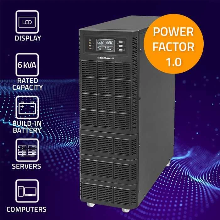 QOLTEC 52283 Nepertraukiamo maitinimo šaltinis UPS / 6kVA / 6000W / Galios koeficientas 1.0 / LCD / EPO / USB / Prisijungęs